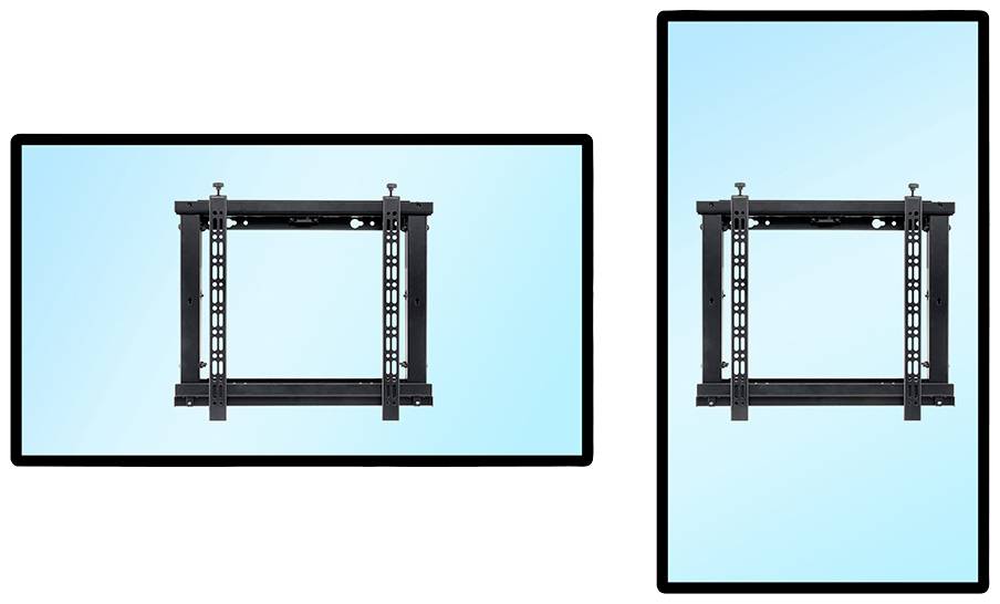 A rectangular black picture frame against a blue background, in two orientations: landscape to the left and portrait to the right.