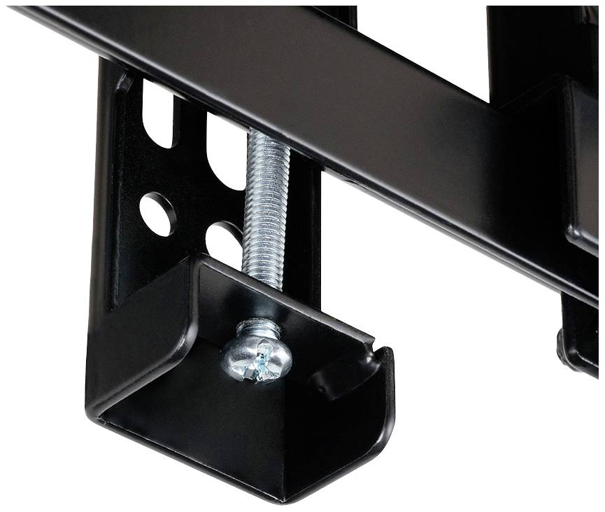 A black metal shelving unit with no visible load. A screw secures the shelf to a right-angled metal bracket.