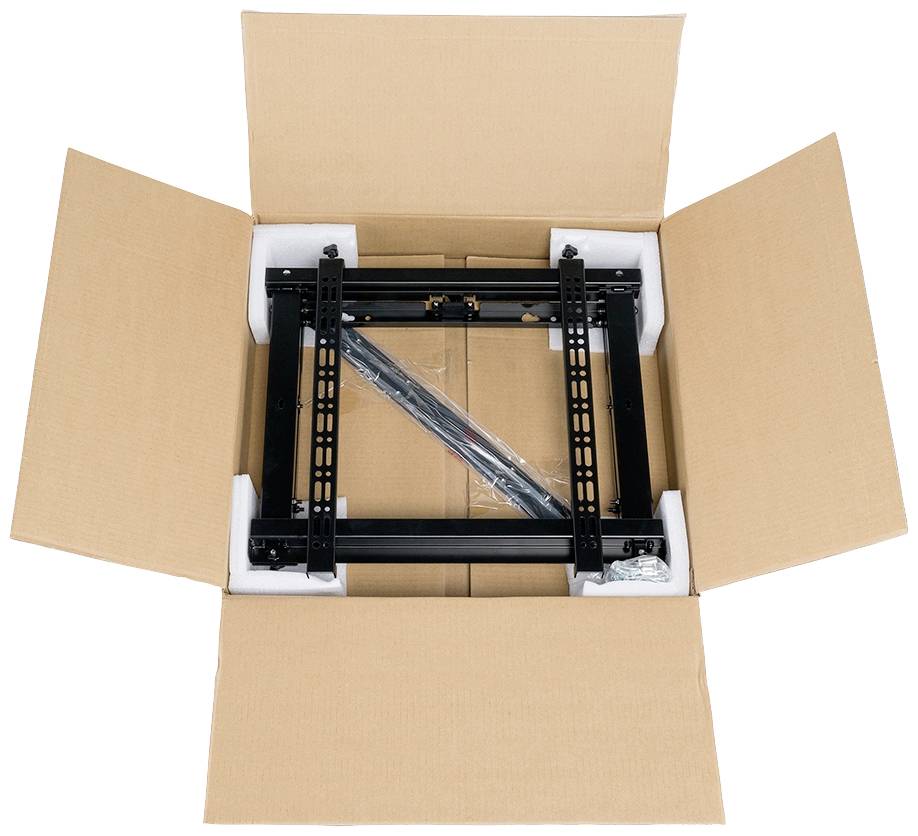The cardboard box opens to reveal a metal frame with mounting hardware.