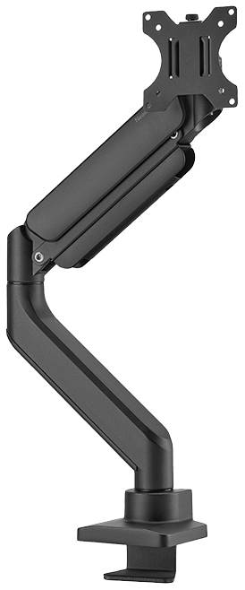 Height-adjustable monitor arm in black metal with articulated arm and desk clamp. Suitable for mounting a monitor.
