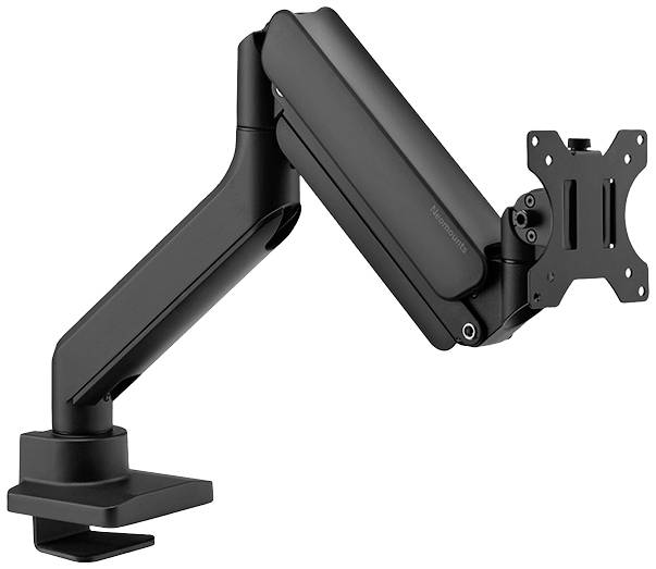 A black, adjustable monitor arm with desk clamp, suitable for mounting a monitor.