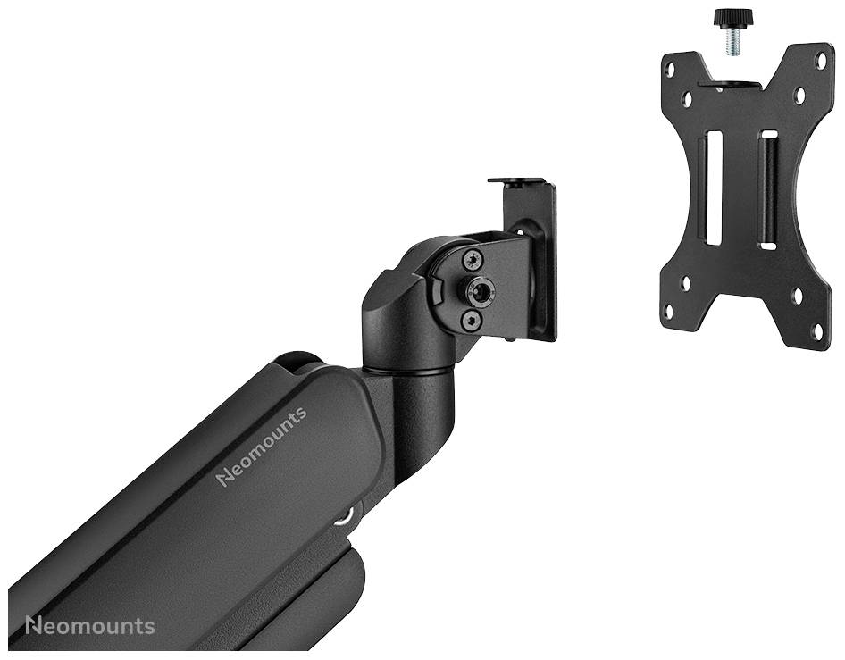 Monitor mount by Neomounts, black, with a swivel arm and VESA mounting bracket for attaching a screen to the wall.