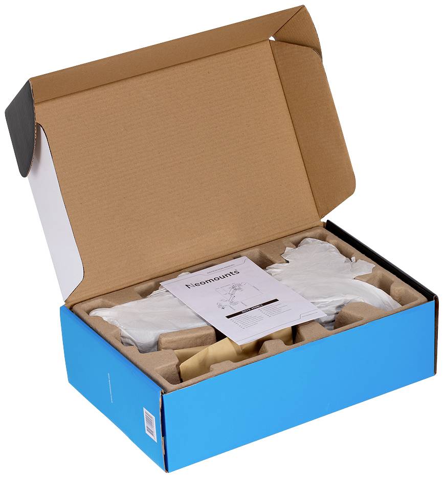 An open blue cardboard box displays packaged items and an accompanying instruction sheet.