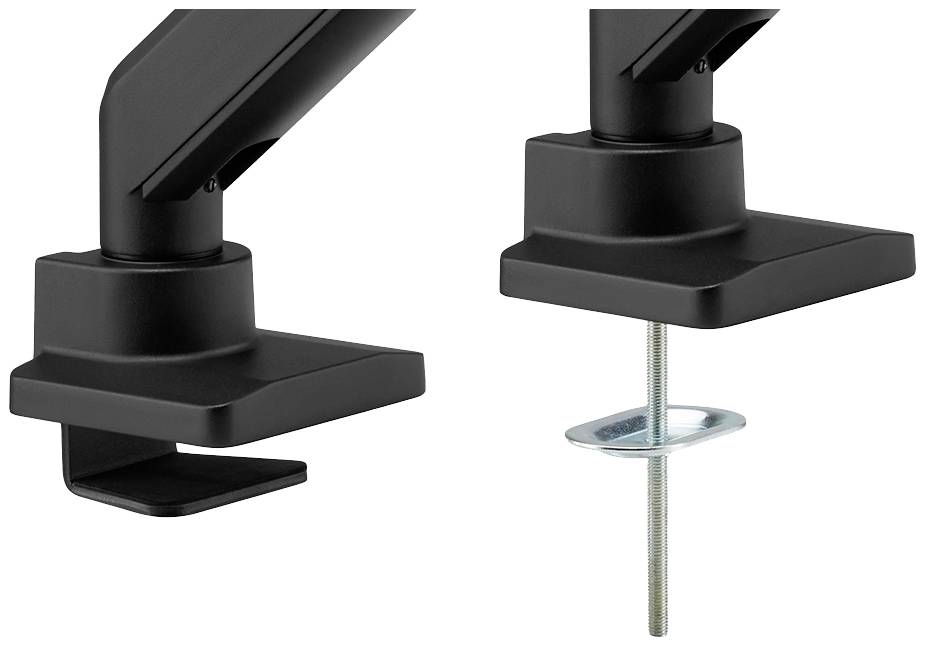 Two black monitor mounts compared: on the left with a clamp fixing, on the right with a screw fixing. Suitable for desk mounting.
