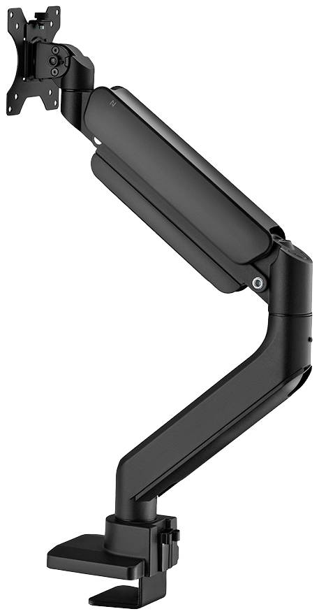 A black monitor arm, height-adjustable and rotatable, with a desk clamp for securing to the desk.