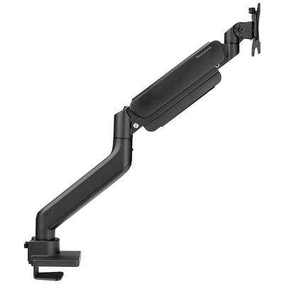 A black, adjustable monitor arm for desk mounting, suitable for ergonomic workspaces, without monitor attached.