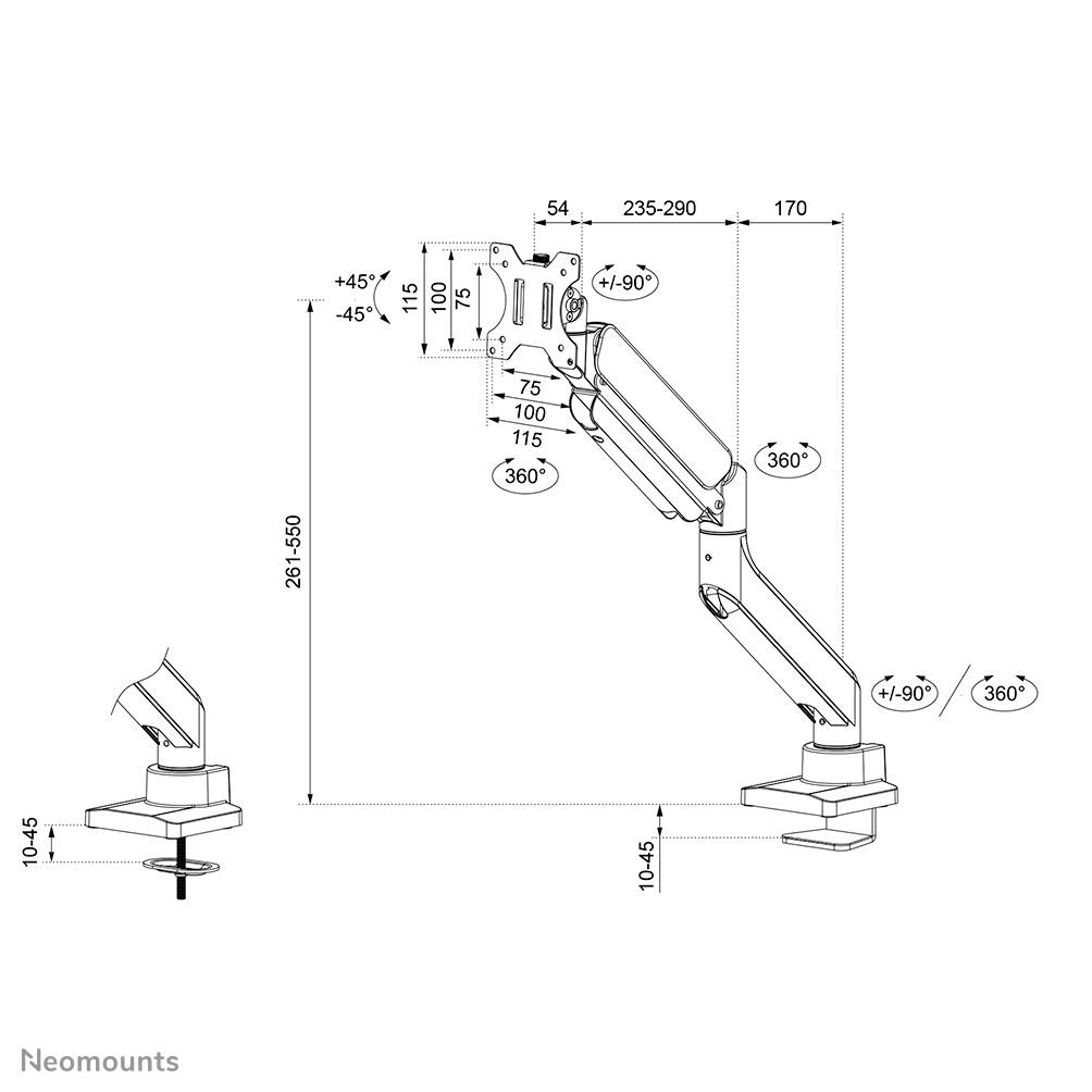 Drawing of an adjustable monitor arm with dimensions: Height 291-550 mm, Depth 235-290 mm, Tilt +/-90°, Rotation 360°.