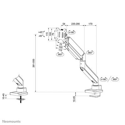 Drawing of an adjustable monitor arm with dimensions: Height 291-550 mm, Depth 235-290 mm, Tilt +/-90°, Rotation 360°.