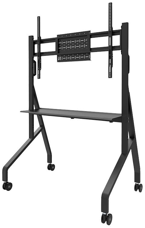 A black, mobile TV stand with an adjustable mounting system for flat screens, suitable for presentations.