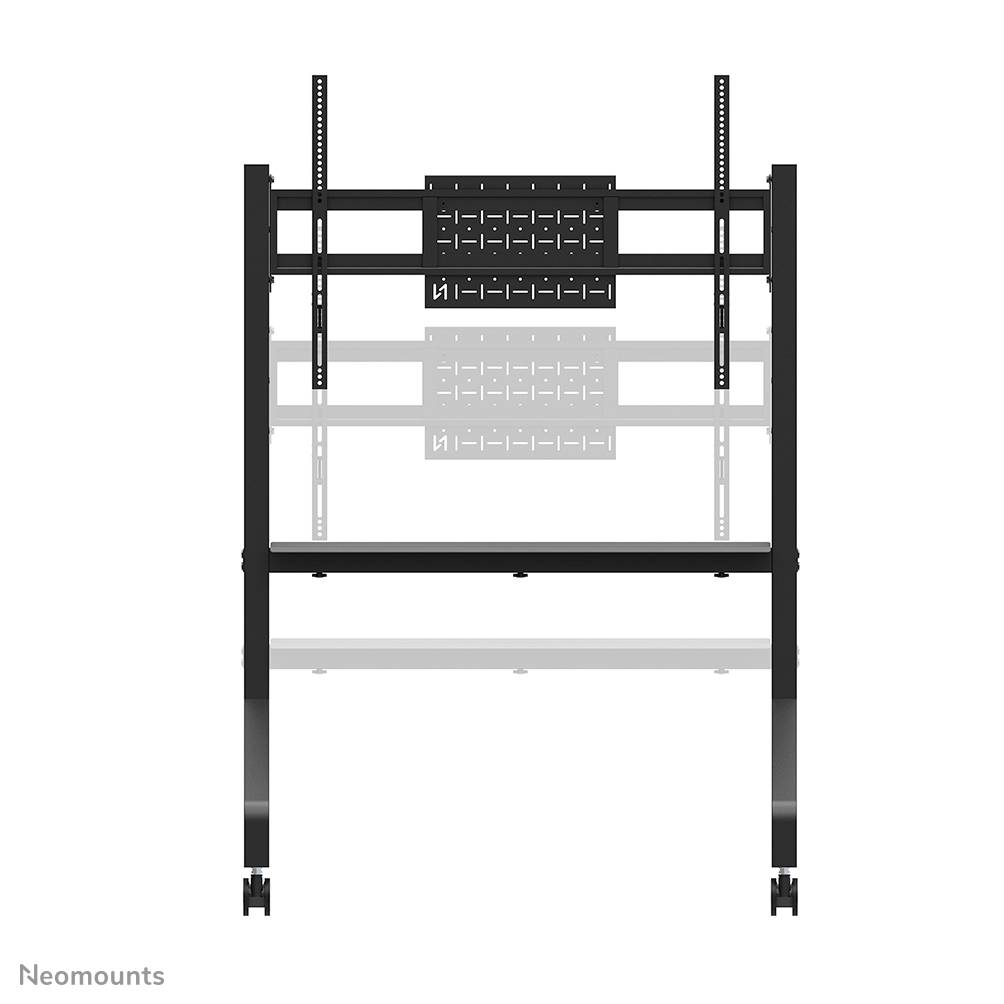 'Neomounts Presentation Trolley' with height-adjustable mounting bracket for large screens, robust black frame with castors.