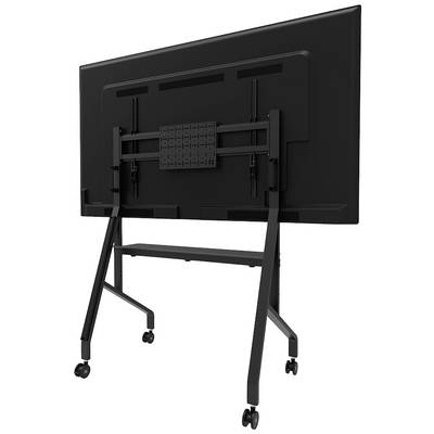 A large, black monitor on a mobile stand with wheels, viewed from behind. The stand is height-adjustable and robustly constructed.