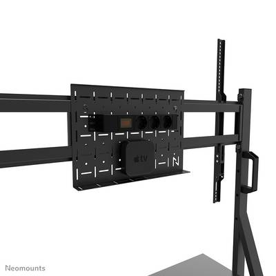 Metal TV wall mount. The model features adjustable arms and a shelf for additional devices.