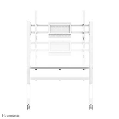 A white, mobile TV stand by Neomounts, suitable for mounting screens, with a shelf and height-adjustable mounting brackets.