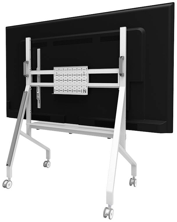 A large black screen on a mobile silver stand with wheels, viewed from behind.