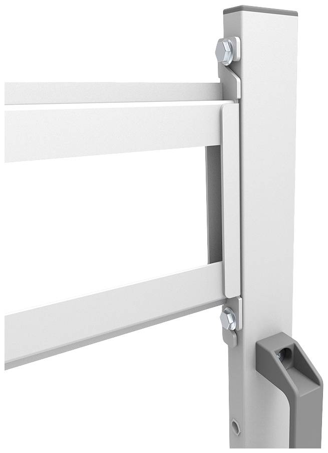 A section of a white metal fence with mounting elements is shown, the structure being stable and modern in design.