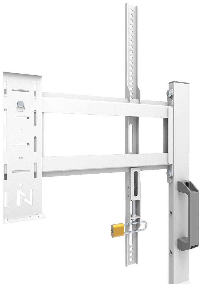 A white, adjustable metal TV wall mount, secured with a padlock, viewed from the side.