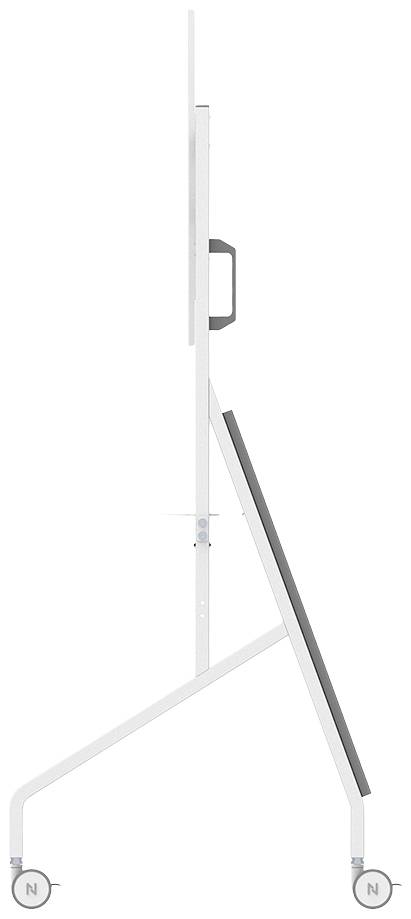 Side view of a mobile presentation stand with wheels, handle for easy movement, tilting plate for flexibility.