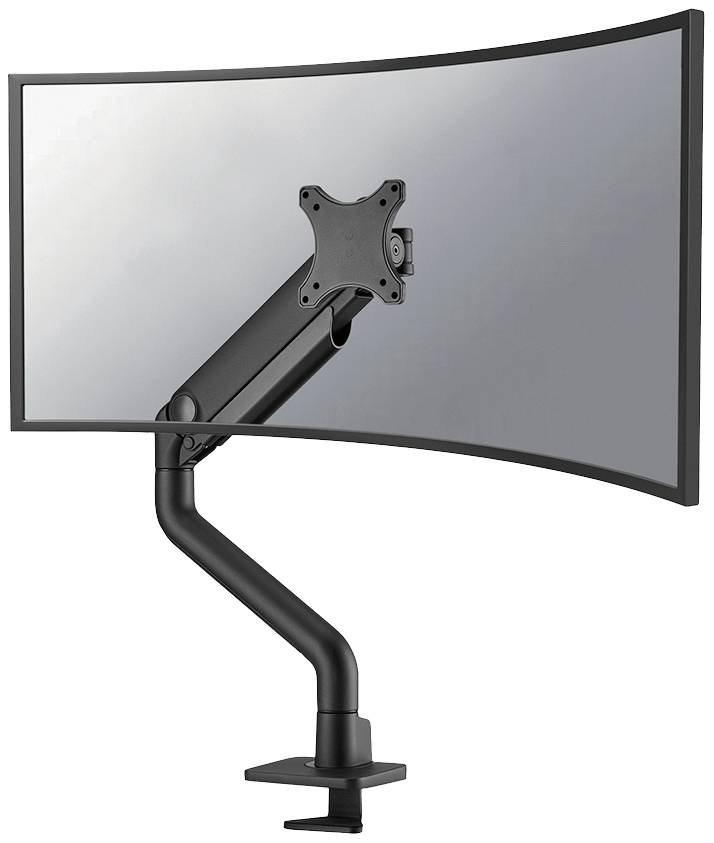Black, adjustable monitor arm with a curved screen, mounted on a desk. Ideal for flexible screen positioning.