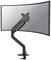 Black, adjustable monitor arm with a curved screen, mounted on a desk. Ideal for flexible screen positioning.
