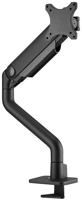 Black monitor arm with adjustable joint and clamp for attaching to a desk, suitable for screen mounting.