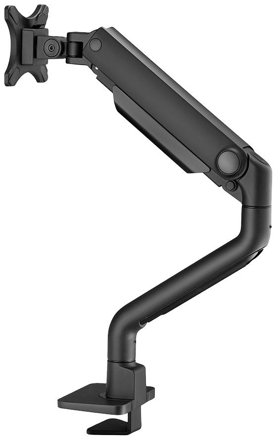 Single black monitor arm with adjustable joints and clamp for mounting on a desk.