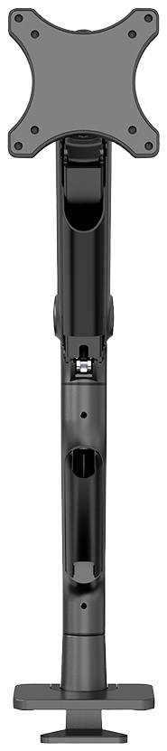 Black, adjustable metal monitor mount, suitable for desk mounting, enables flexible positioning of the screen.