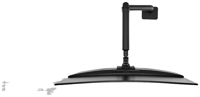 A black monitor arm is attached to a curved screen, viewed from above. The arm holds the screen securely in place.