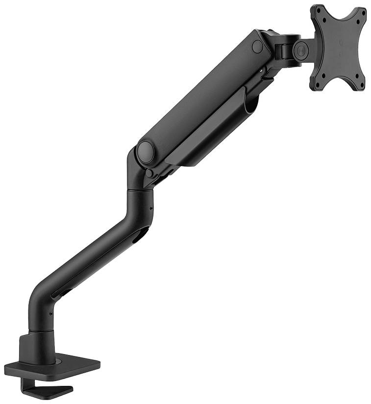 A black, adjustable monitor arm in side view. Suitable for mounting on a desk edge to hold a screen.