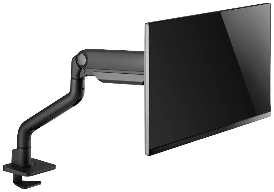 A black monitor arm, attached to a desk, is holding a black monitor. The arm is flexible and adjustable.