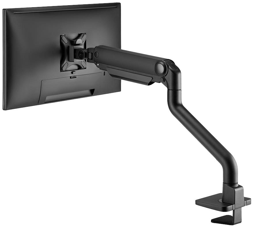 A black monitor arm, attached to a desk, holds a flat screen display. The arm is adjustable and pivotable.