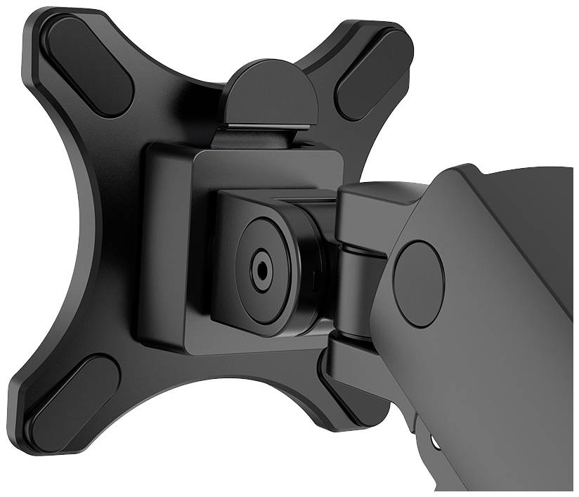 Close-up of a black monitor mount with a swivel arm and VESA mounting pattern, suitable for screens on walls or desks.