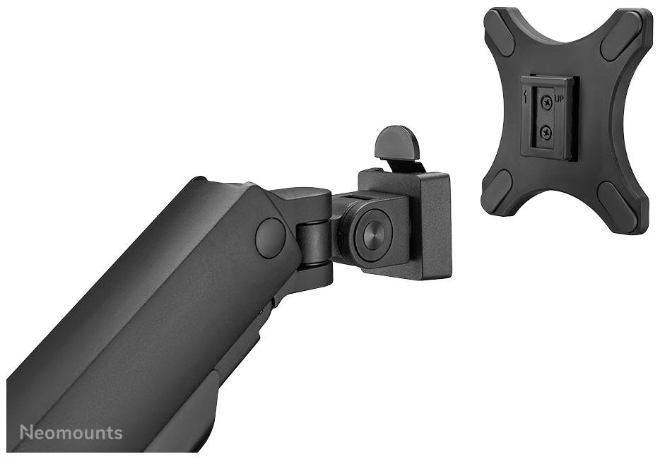 Image of a black monitor arm with VESA mount. Rectangular attachment on a joint, suitable for monitors.