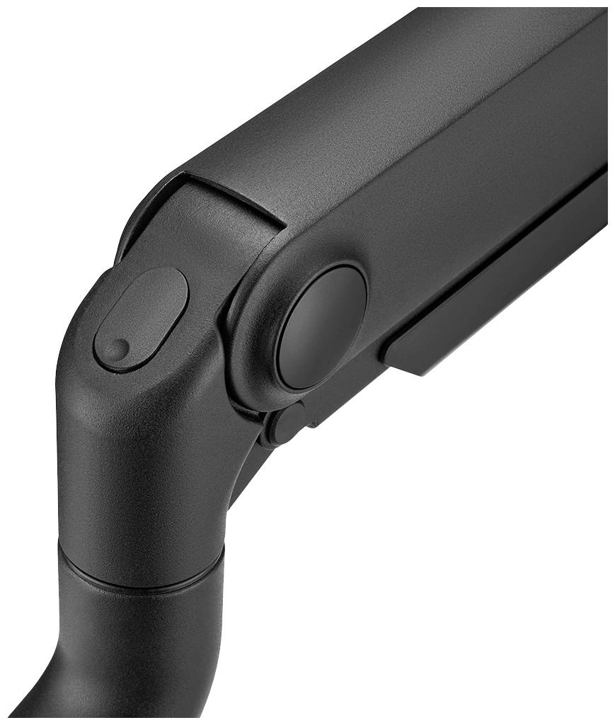 Black articulated arm of a mounting bracket, showing the hinge and connection points for mobility and positioning.