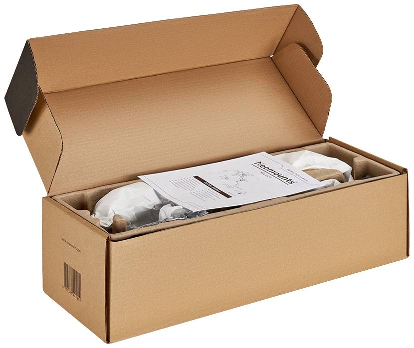 Open cardboard box with packaged contents and an enclosed note with text visible.