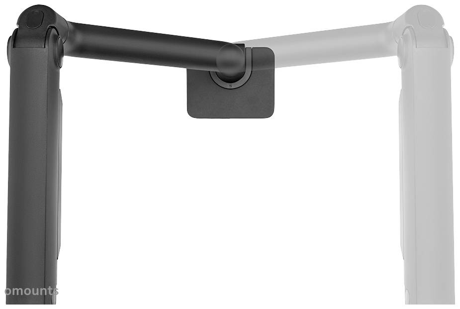 Black and grey hinge of a monitor mounting arm. One arm is fully visible, while a second arm fades into the background.
