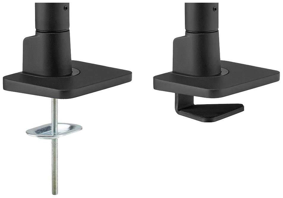 'Two black monitor stand mounts, one with a clamp secured by a screw and the other with a desk clamp.'