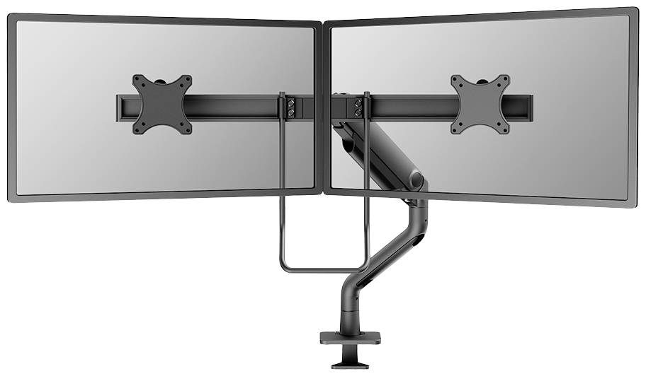 A double monitor arm in black metal, mounted on a desk, shows two screens positioned side by side.