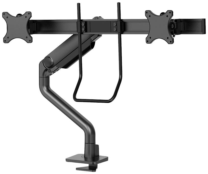 Double monitor mount in black metal, with adjustable arm and clamp attachment for desk mounting. Suitable for two monitors.