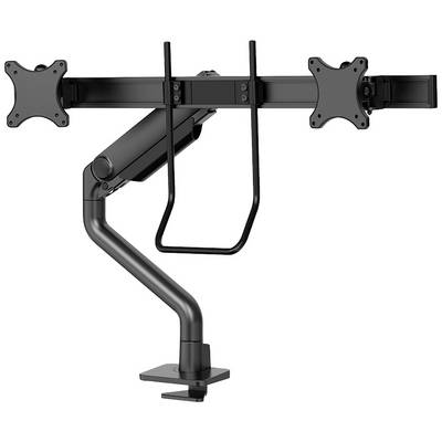 Double monitor mount in black metal, with adjustable arm and clamp attachment for desk mounting. Suitable for two monitors.