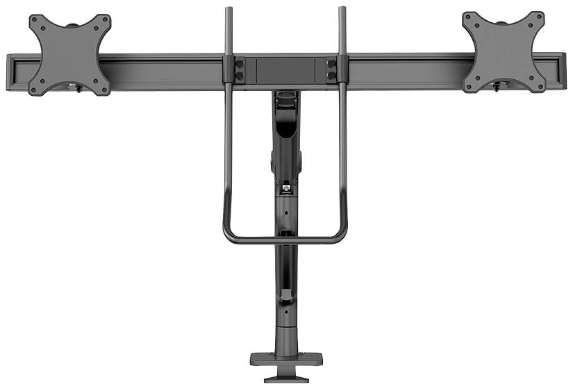 'Dual-Monitor Mount with Adjustable Arms, Two Mounting Rails and Sturdy Base for Flexible Screen Positioning.'