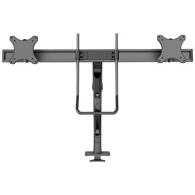 'Dual-Monitor Mount with Adjustable Arms, Two Mounting Rails and Sturdy Base for Flexible Screen Positioning.'