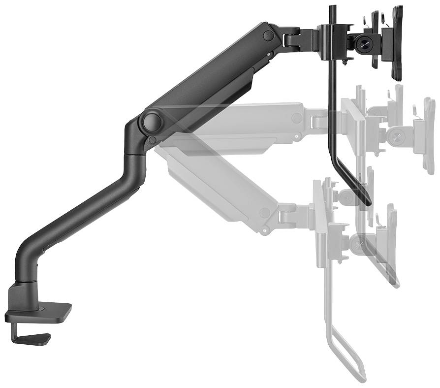 Adjustable black monitor arm with multiple joints and clamp attachment, shown in various positions demonstrating flexibility.