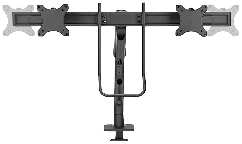 Black multi-monitor mounting bracket; centrally mounted with adjustable arms for flexible positioning.