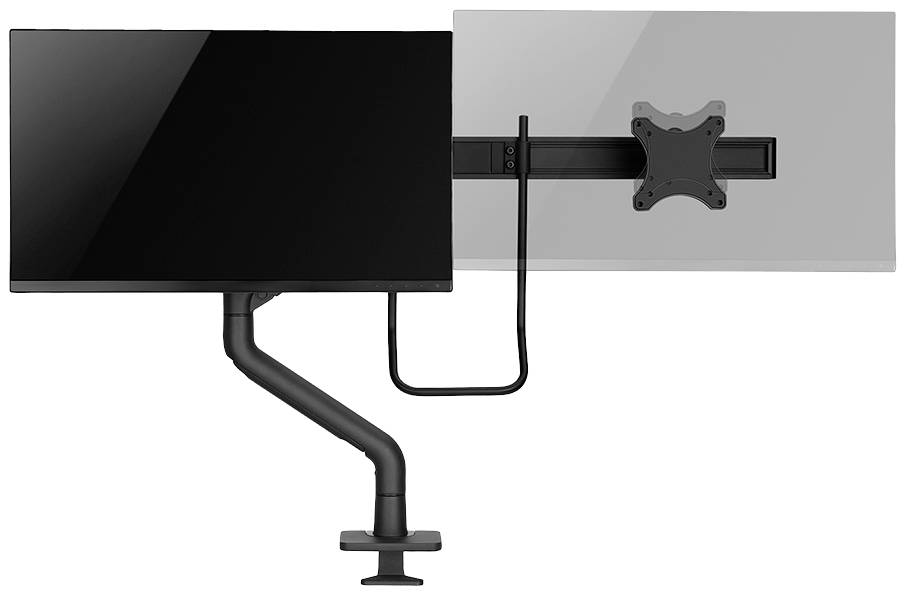 A monitor arm with two monitor mountings; on the left a large, black monitor, on the right an empty mounting bracket against a white background.