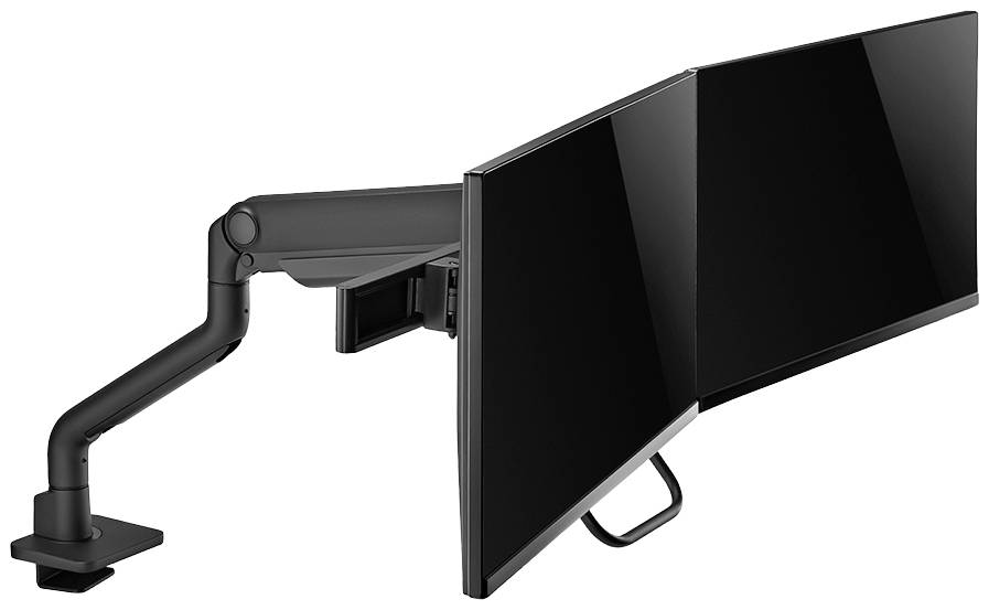 Two black computer monitors mounted side by side on an adjustable swing arm for ergonomic workstations.