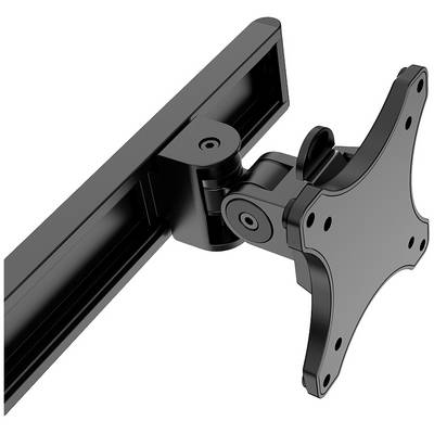 A pivoting monitor arm made of black metal, suitable for mounting screens, shown in a side view.