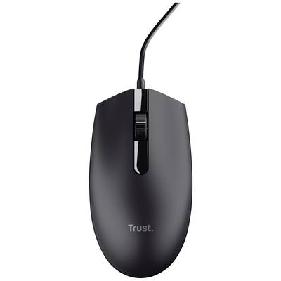 Black wired Trust computer mouse with two buttons and a scroll wheel in the centre.