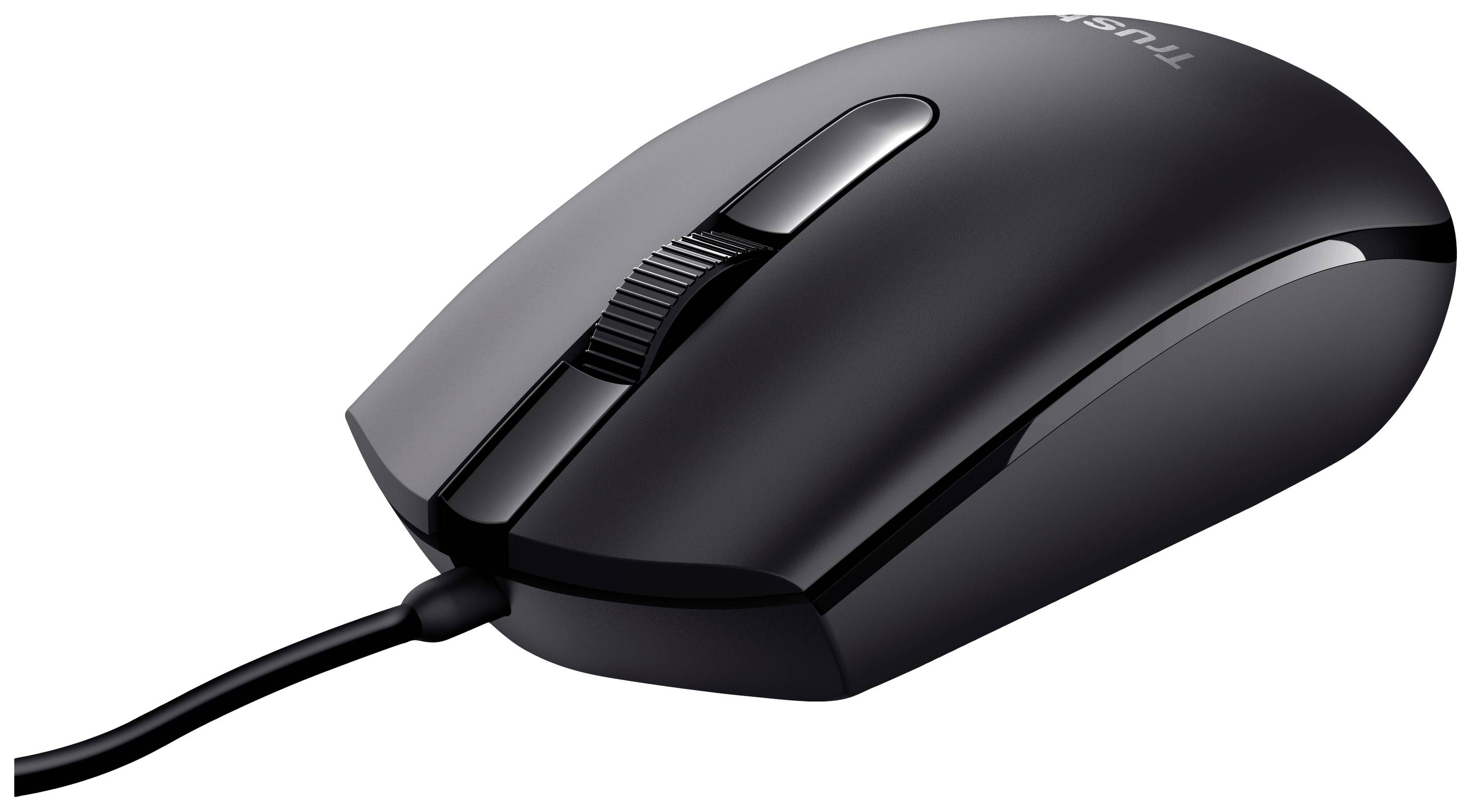 A black computer mouse with a cable, featuring a simple ergonomic design and a scroll wheel in the centre, set against a white background.