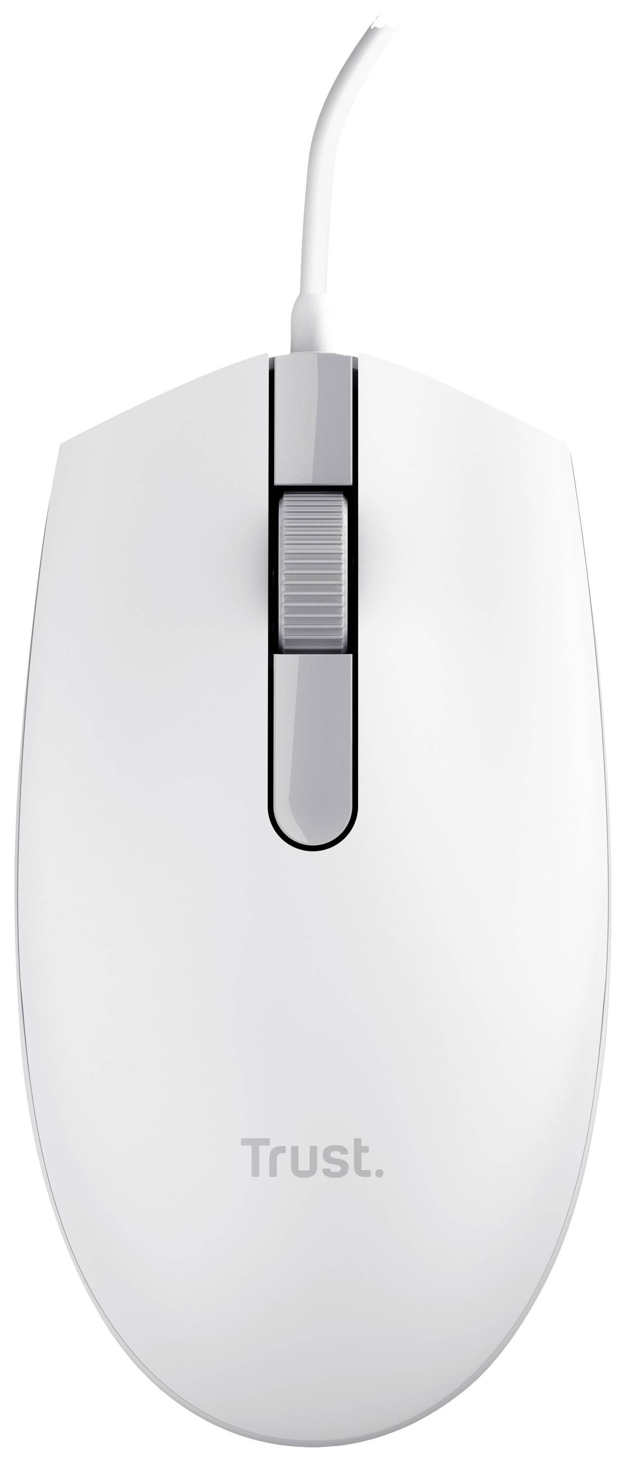White computer mouse with scroll wheel and the 'Trust.' logo on the top surface.