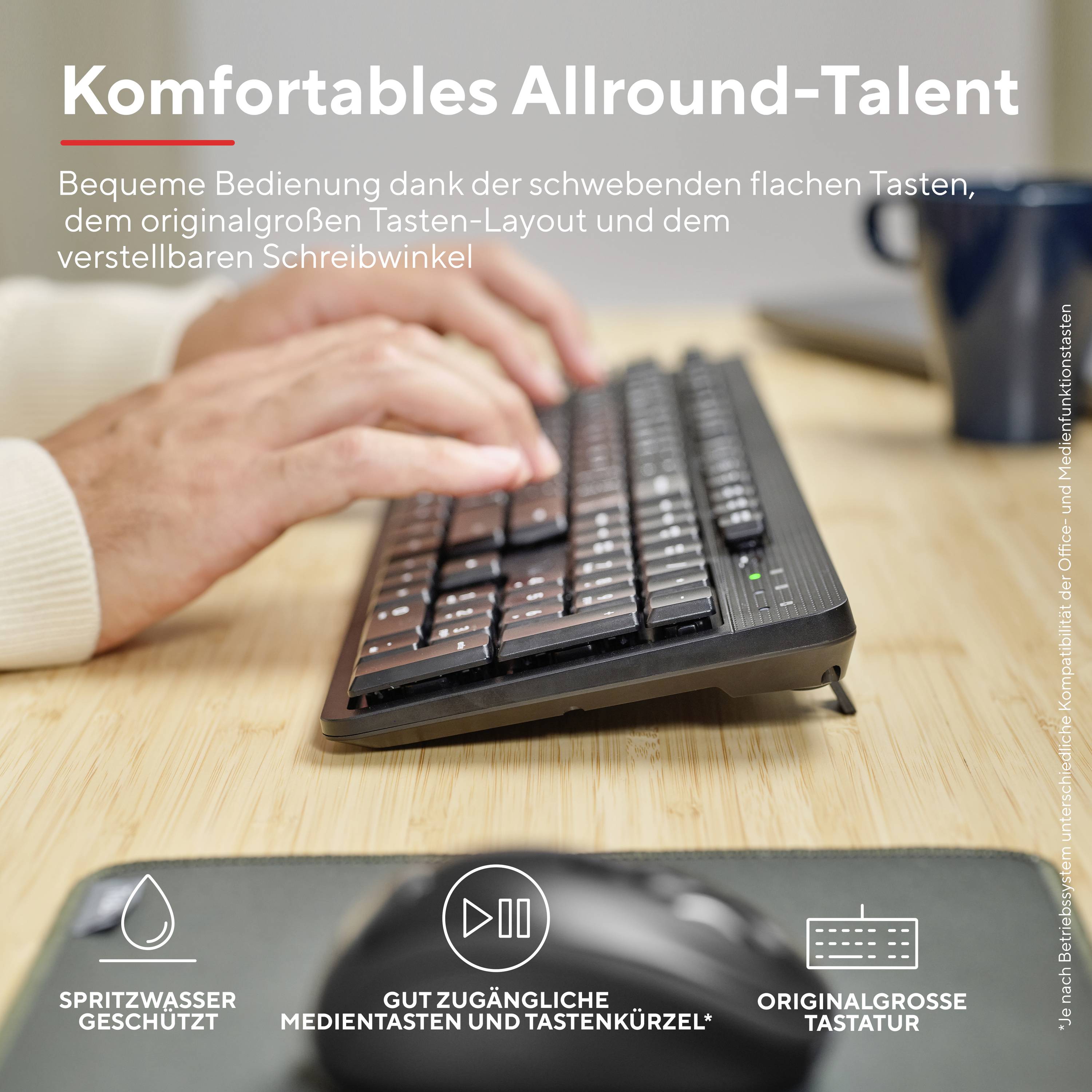 'Comfortable all-round performer: Flat keys, adjustable angle. Splash-proof, easily accessible, true to original size.'